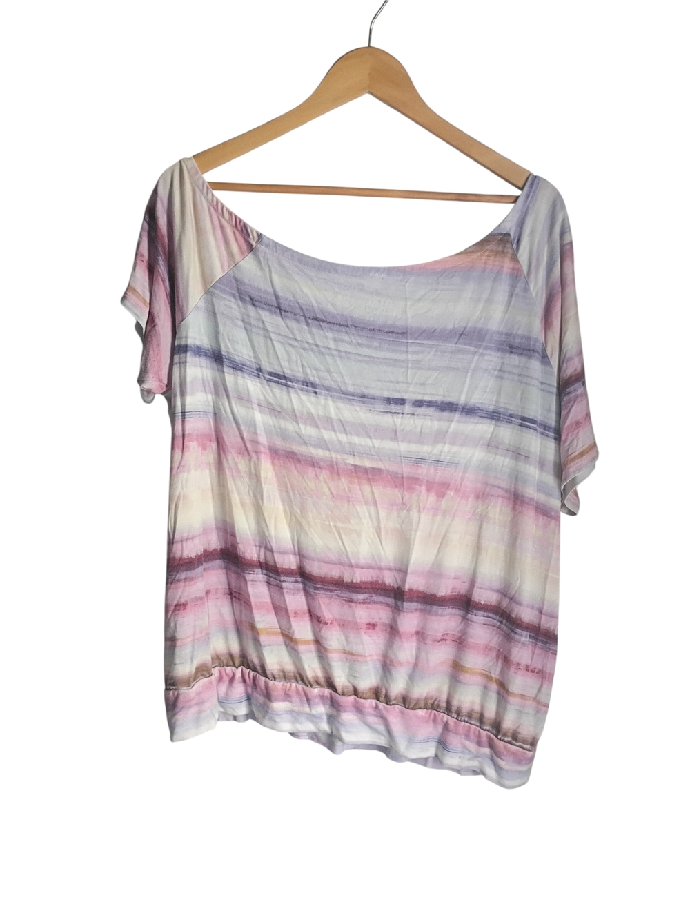 Torrid Asymmetrical Pastel Striped Boatneck Top - Pink, Purple, Cream Size 1X